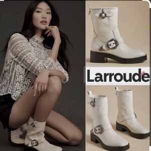 New Larroude Hardy Platform Leather Moto Buckle Boot in Off White Size 5